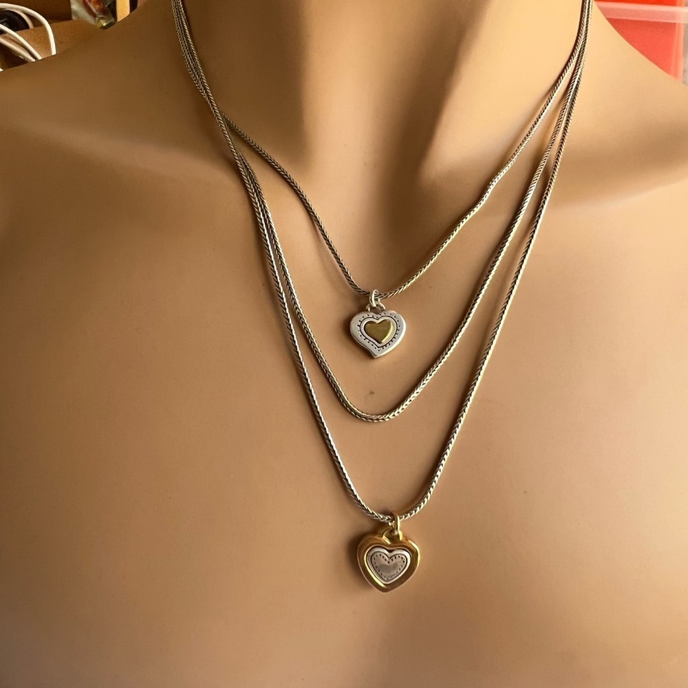 BRIGHTON RENDEZVOUS HEART Silver Gold 2 Tones TRIPLE Chains NECKLACE